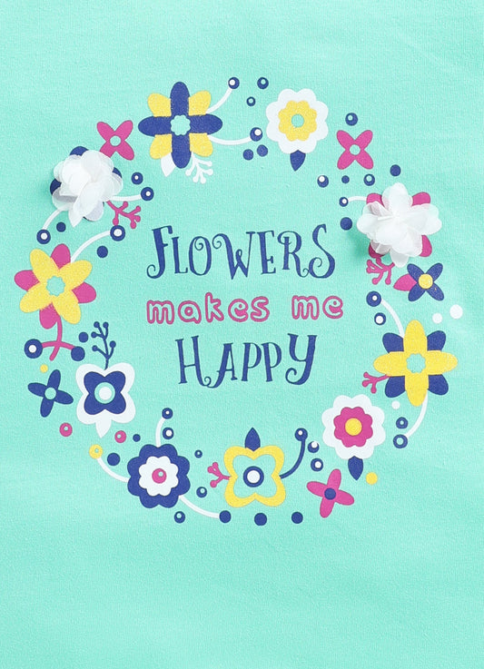 Flowers Make me happy Printed Cotton T-Shirt for Girls - Pista Green - ParrotCrow