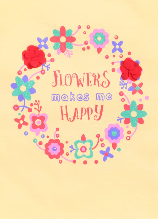 Flowers Make me happy Printed Cotton T-Shirt for Girls - Yellow - ParrotCrow