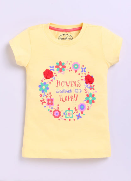 Flowers Make me happy Printed Cotton T-Shirt for Girls - Yellow - ParrotCrow