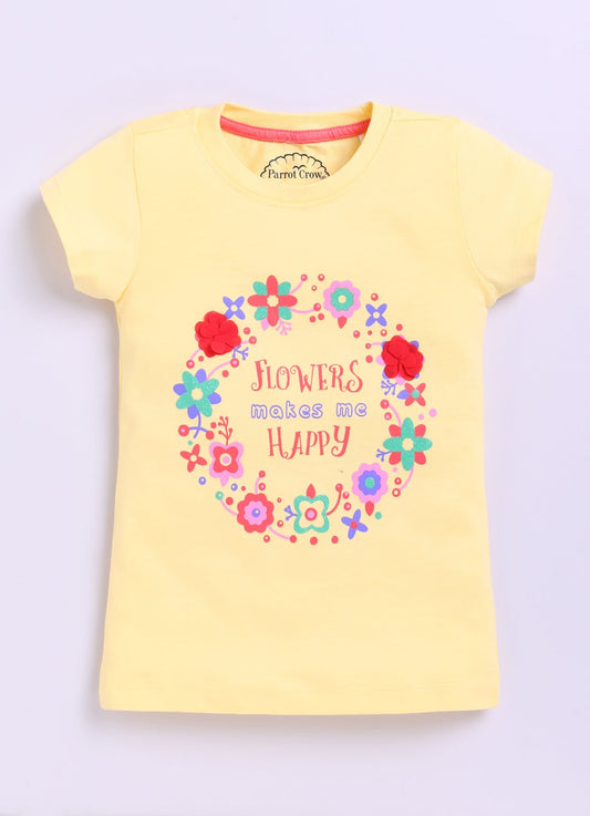 Flowers Make me happy Printed Cotton T-Shirt for Girls - Yellow - ParrotCrow