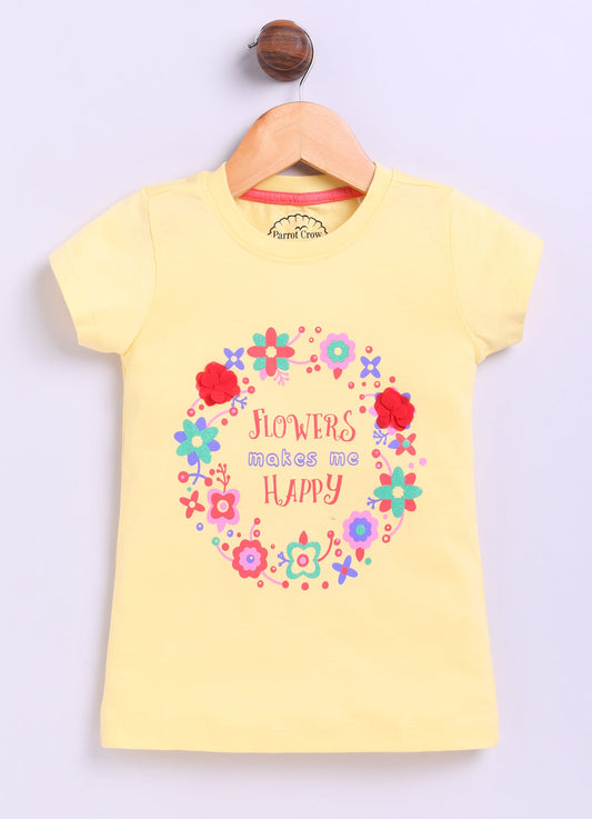 Flowers Make me happy Printed Cotton T-Shirt for Girls - Yellow - ParrotCrow