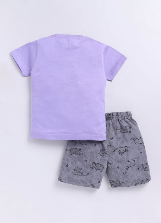 Friends for Life Printed T-Shirt & Dino Shorts Set for Boys (Purple & Grey) - ParrotCrow