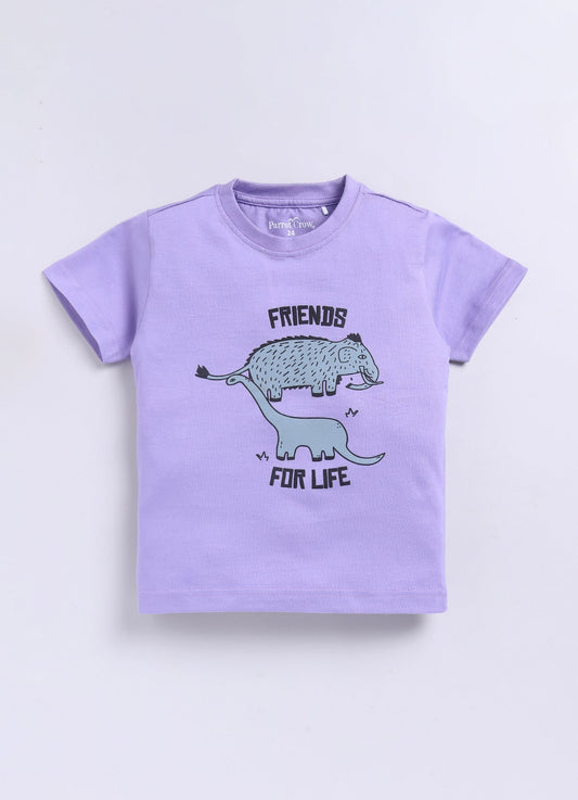 Friends for Life Printed T-Shirt & Dino Shorts Set for Boys (Purple & Grey) - ParrotCrow