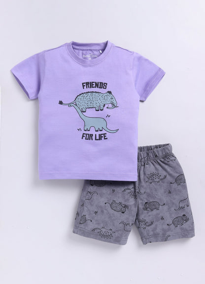 Friends for Life Printed T-Shirt & Dino Shorts Set for Boys (Purple & Grey) - ParrotCrow