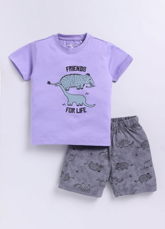 Friends for Life Printed T-Shirt & Dino Shorts Set for Boys (Purple & Grey) - ParrotCrow