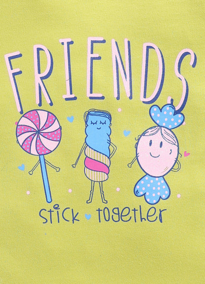 Friends stick together Printed Cotton T-Shirt for Girls - Lime Green - ParrotCrow