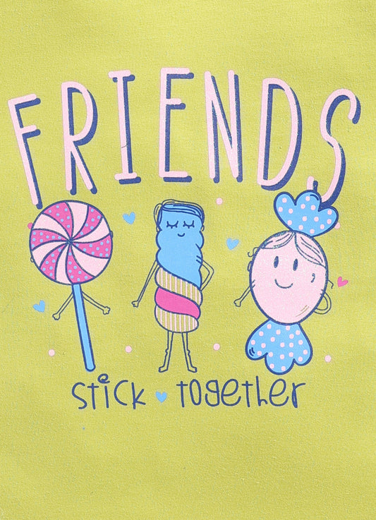 Friends stick together Printed Cotton T-Shirt for Girls - Lime Green - ParrotCrow