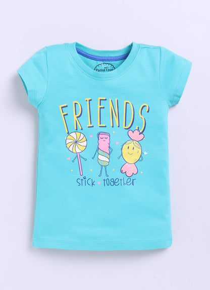 Friends stick together Printed Cotton T-Shirt for Girls - Sea Blue - ParrotCrow