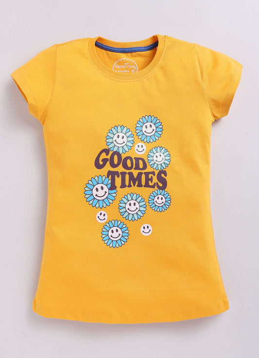 Good Times Smiley Printed Cotton T-Shirt for Girls - ParrotCrow