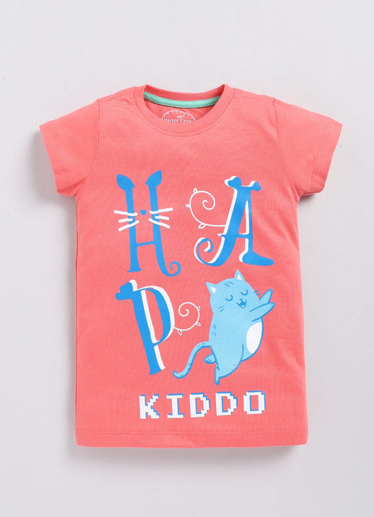 Happy Kiddo Printed Cotton T-Shirt for Girls - Boy Pink - ParrotCrow