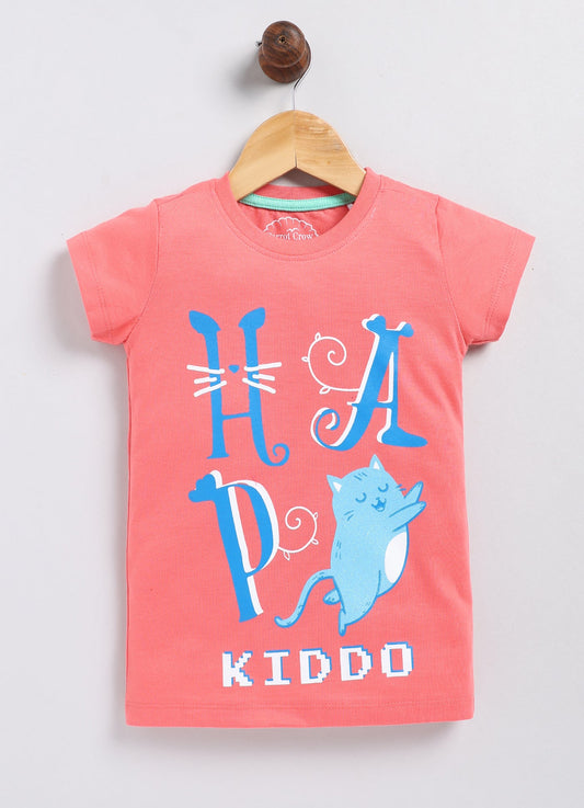 Happy Kiddo Printed Cotton T-Shirt for Girls - Boy Pink - ParrotCrow