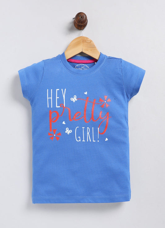 Hey pretty girl Printed Cotton T-Shirt for Girls - Blue - ParrotCrow