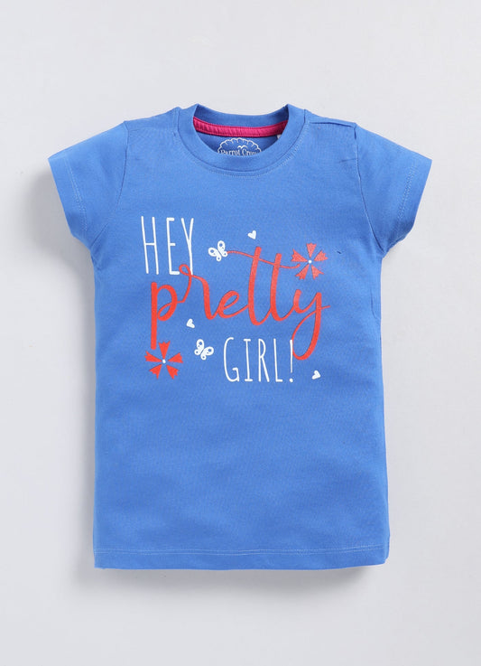Hey pretty girl Printed Cotton T-Shirt for Girls - Blue - ParrotCrow