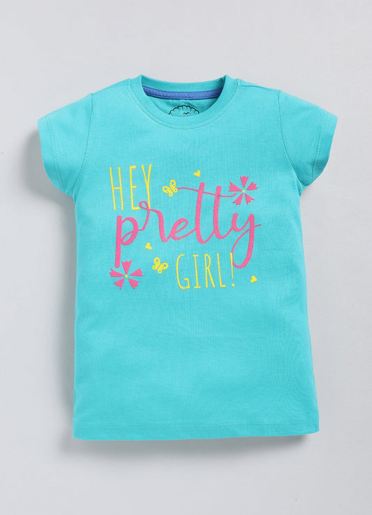 Hey pretty girl Printed Cotton T-Shirt for Girls - Sea Blue - ParrotCrow