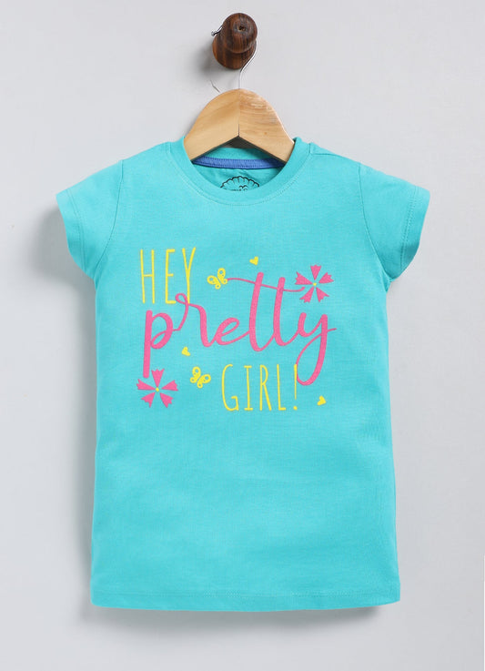 Hey pretty girl Printed Cotton T-Shirt for Girls - Sea Blue - ParrotCrow