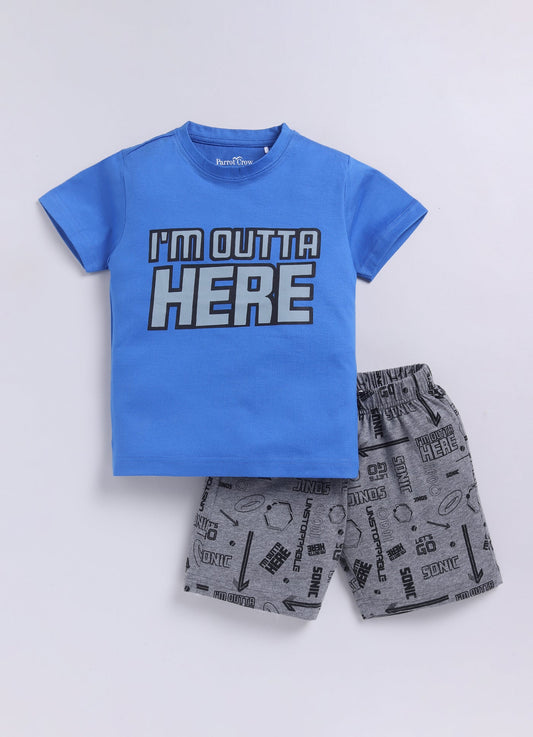 I'm Outta Here Graphic T-Shirt & Shorts Set for Boys (Blue & Grey) - ParrotCrow