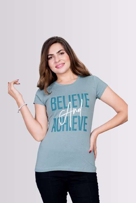 Believe And Achieve Printed Round Neck Lycra T-shirts For Womens