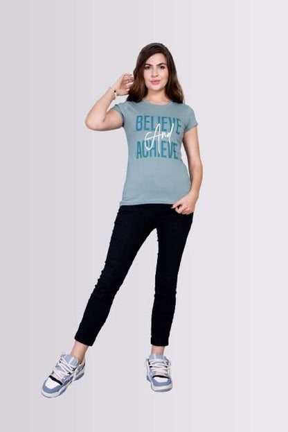 Believe And Achieve Printed Round Neck Lycra T-shirts For Womens