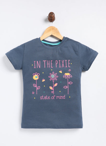In the pixie state of mind Printed Cotton T-Shirt for Girls - Navy - ParrotCrow