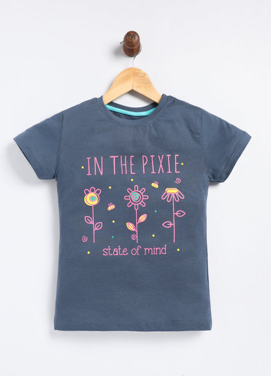 In the pixie state of mind Printed Cotton T-Shirt for Girls - Navy - ParrotCrow