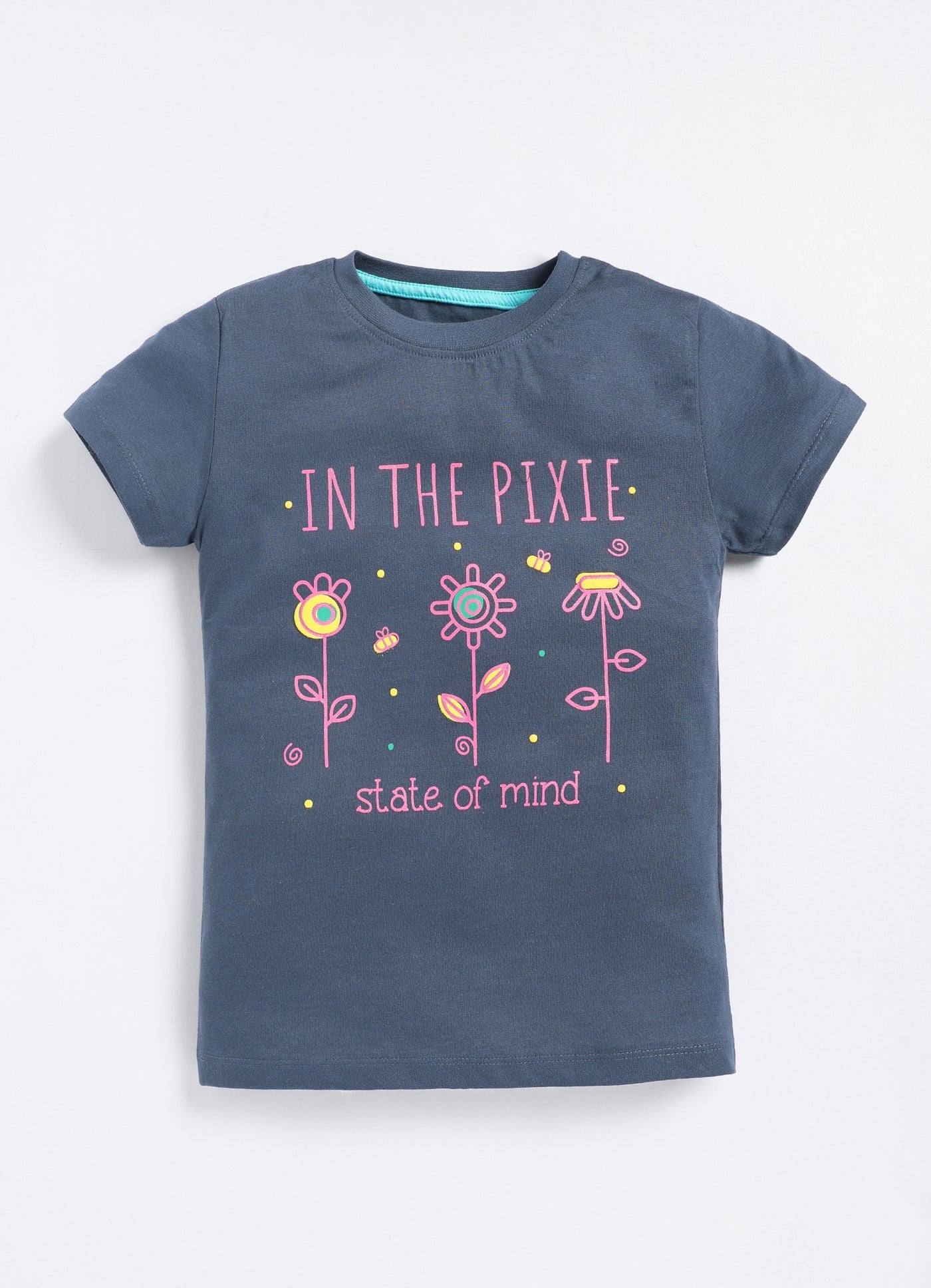 In the pixie state of mind Printed Cotton T-Shirt for Girls - Navy - ParrotCrow