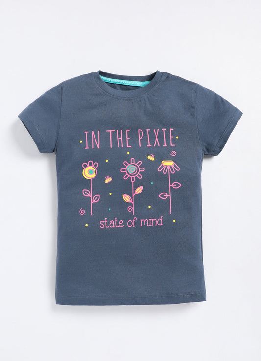 In the pixie state of mind Printed Cotton T-Shirt for Girls - Navy - ParrotCrow