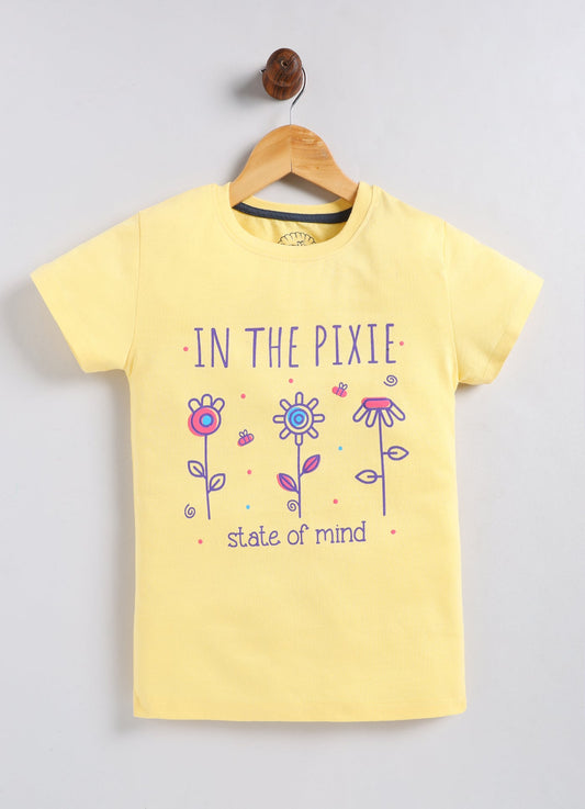 In the pixie state of mind Printed Cotton T-Shirt for Girls - Yellow - ParrotCrow