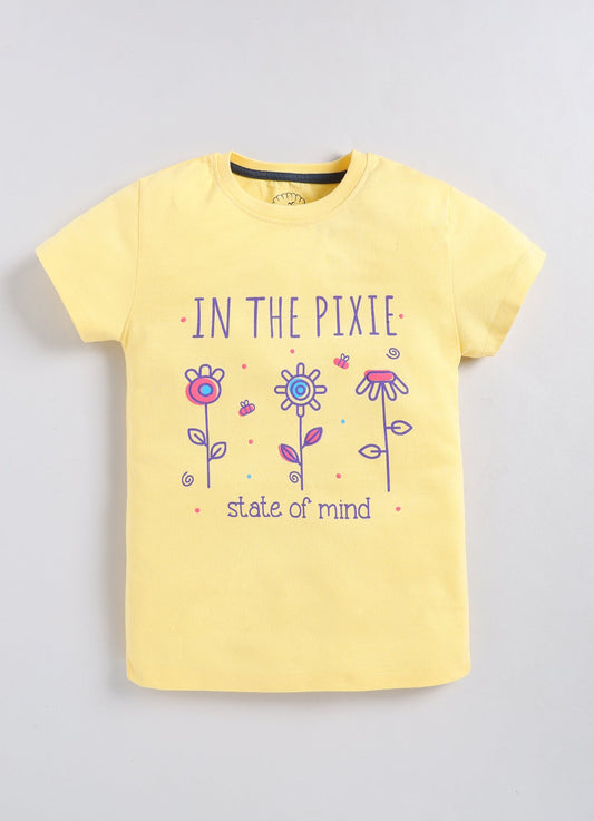 In the pixie state of mind Printed Cotton T-Shirt for Girls - Yellow - ParrotCrow