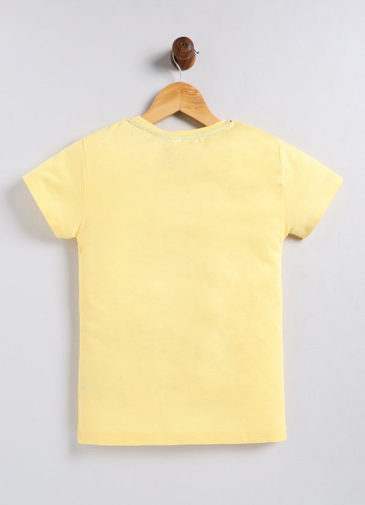 In the pixie state of mind Printed Cotton T-Shirt for Girls - Yellow - ParrotCrow