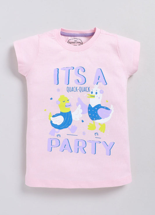 It’s a party Print Cotton T-Shirt for Girls - Pink - ParrotCrow