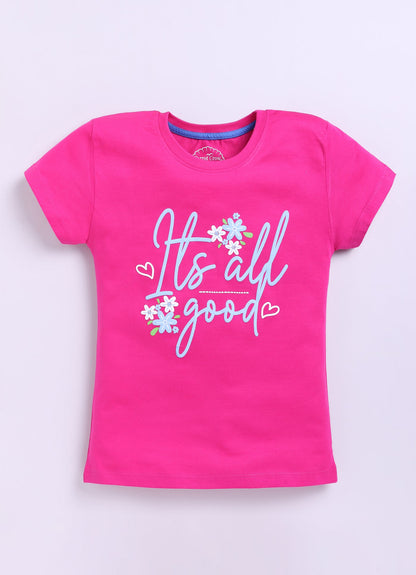 Its all good Printed Cotton T-Shirt for Girls - Dark Pink - ParrotCrow
