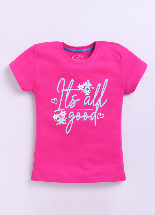 Its all good Printed Cotton T-Shirt for Girls - Dark Pink - ParrotCrow