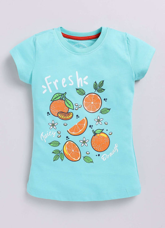 Juicy Fruit Printed Sky Blue Color Cotton T-Shirt for Girls - ParrotCrow
