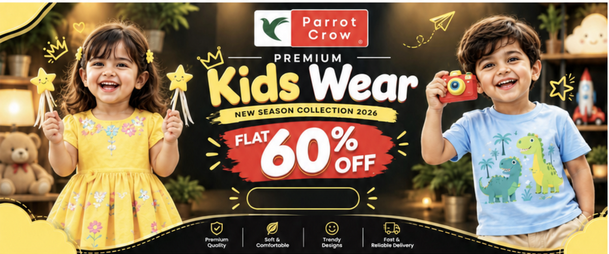 A promotional banner for Parrot Crew Kids Wear featuring a flat 60% off. The banner shows a young girl in a yellow dress on the left and a young boy in a blue dinosaur t-shirt on the right, set against a warm, cozy room background with shelves and toys.