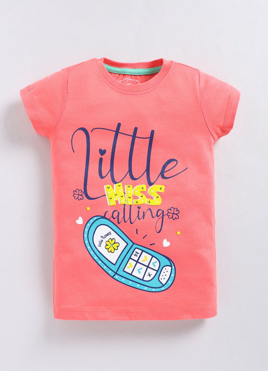 Little Miss Calling Printed Cotton T-Shirt for Girls - Carrot Orange - ParrotCrow