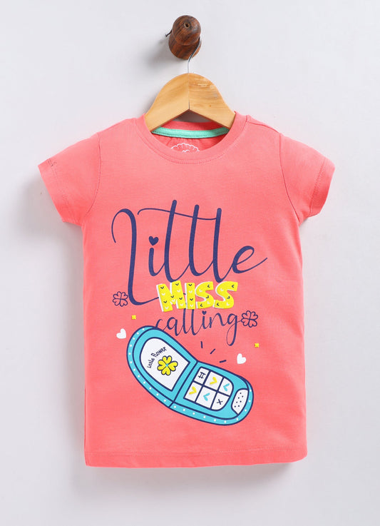 Little Miss Calling Printed Cotton T-Shirt for Girls - Carrot Orange - ParrotCrow