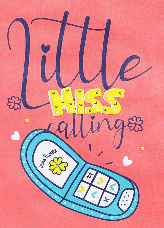 Little Miss Calling Printed Cotton T-Shirt for Girls - Carrot Orange - ParrotCrow
