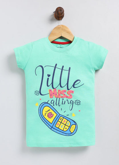 Little Miss Calling Printed Cotton T-Shirt for Girls - Pista Green - ParrotCrow
