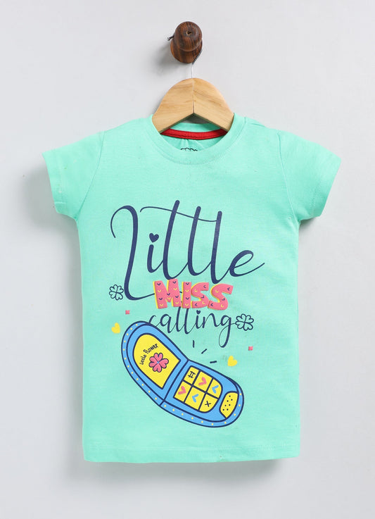 Little Miss Calling Printed Cotton T-Shirt for Girls - Pista Green - ParrotCrow