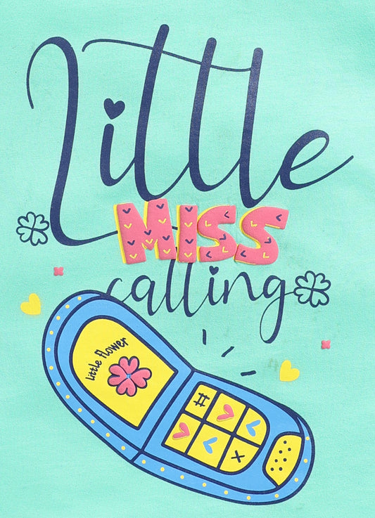 Little Miss Calling Printed Cotton T-Shirt for Girls - Pista Green - ParrotCrow