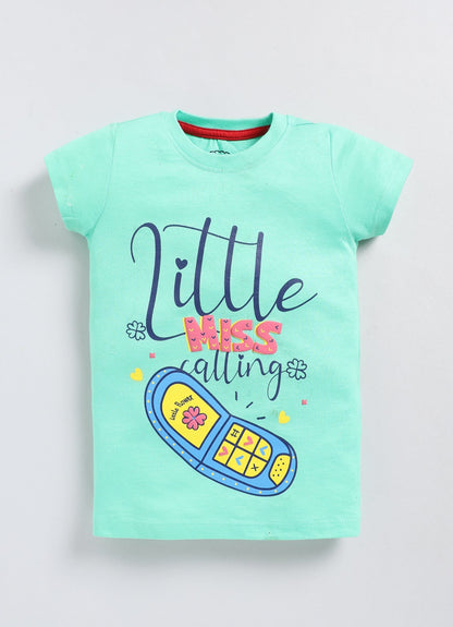Little Miss Calling Printed Cotton T-Shirt for Girls - Pista Green - ParrotCrow