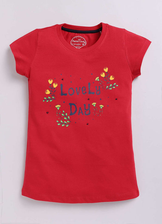 Lovely Day Text Print Cotton T-Shirt for Girls - ParrotCrow