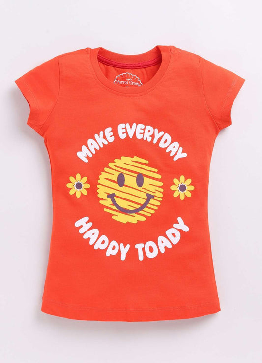 Make Everyday Happy Today Printed Cotton T-Shirt for Girls - ParrotCrow