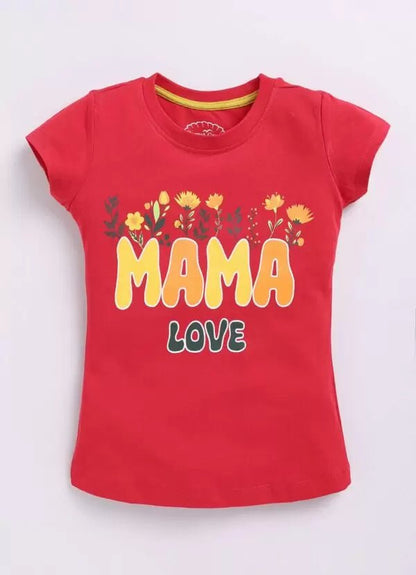Mama Love Text Print Cotton Red T-Shirt for Girls – Soft & Stylish - ParrotCrow