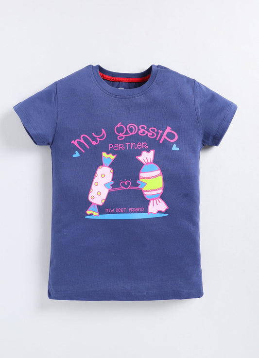 My Gossip Partner Printed Cotton T-Shirt for Girls - Blue - ParrotCrow