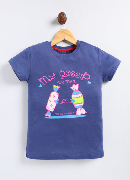 My Gossip Partner Printed Cotton T-Shirt for Girls - Blue - ParrotCrow