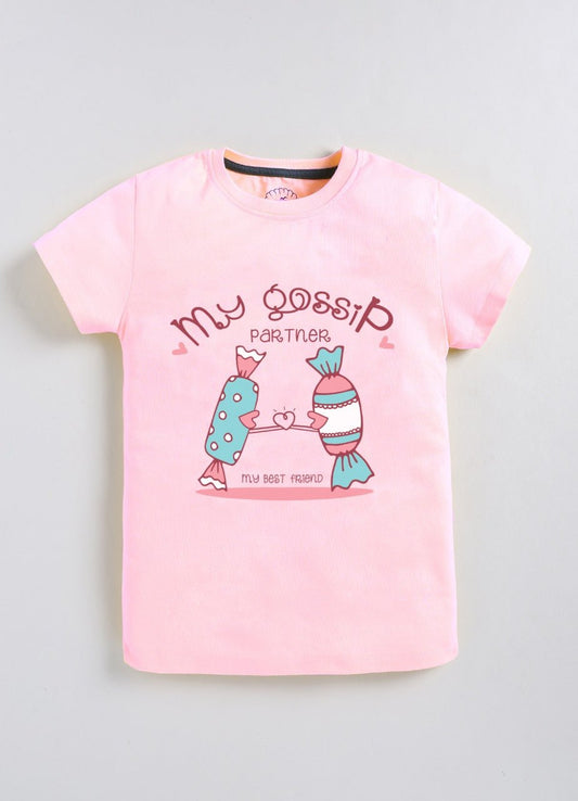 My Gossip Partner Printed Cotton T-Shirt for Girls - Pink - ParrotCrow