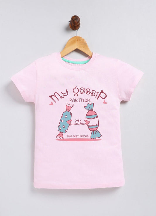 My Gossip Partner Printed Cotton T-Shirt for Girls - Pink - ParrotCrow