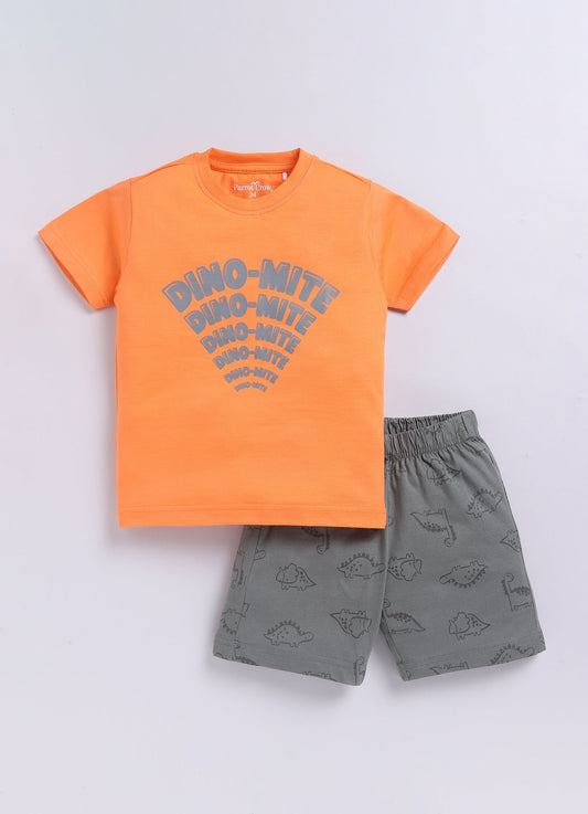 Orange Dino - Mite T-Shirt & Grey Shorts Set for Boys - ParrotCrow