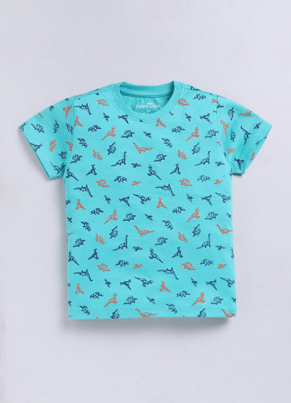 Parrot Crow Boys Aqua Dino Print Cotton T-Shirt & Navy Shorts Set – “Fast Like a Samurai” - ParrotCrow